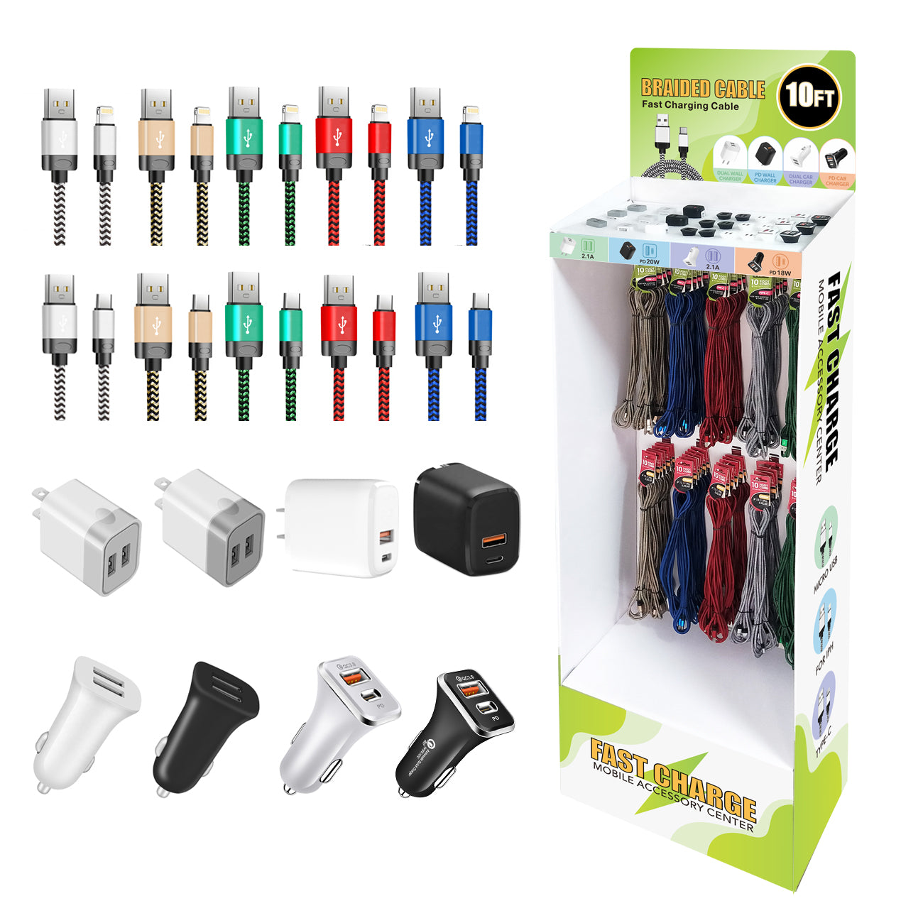 PLASTIC DISPLAY SET(car& travel charger/PD adapter/10ft data cable) Total 108pcs
